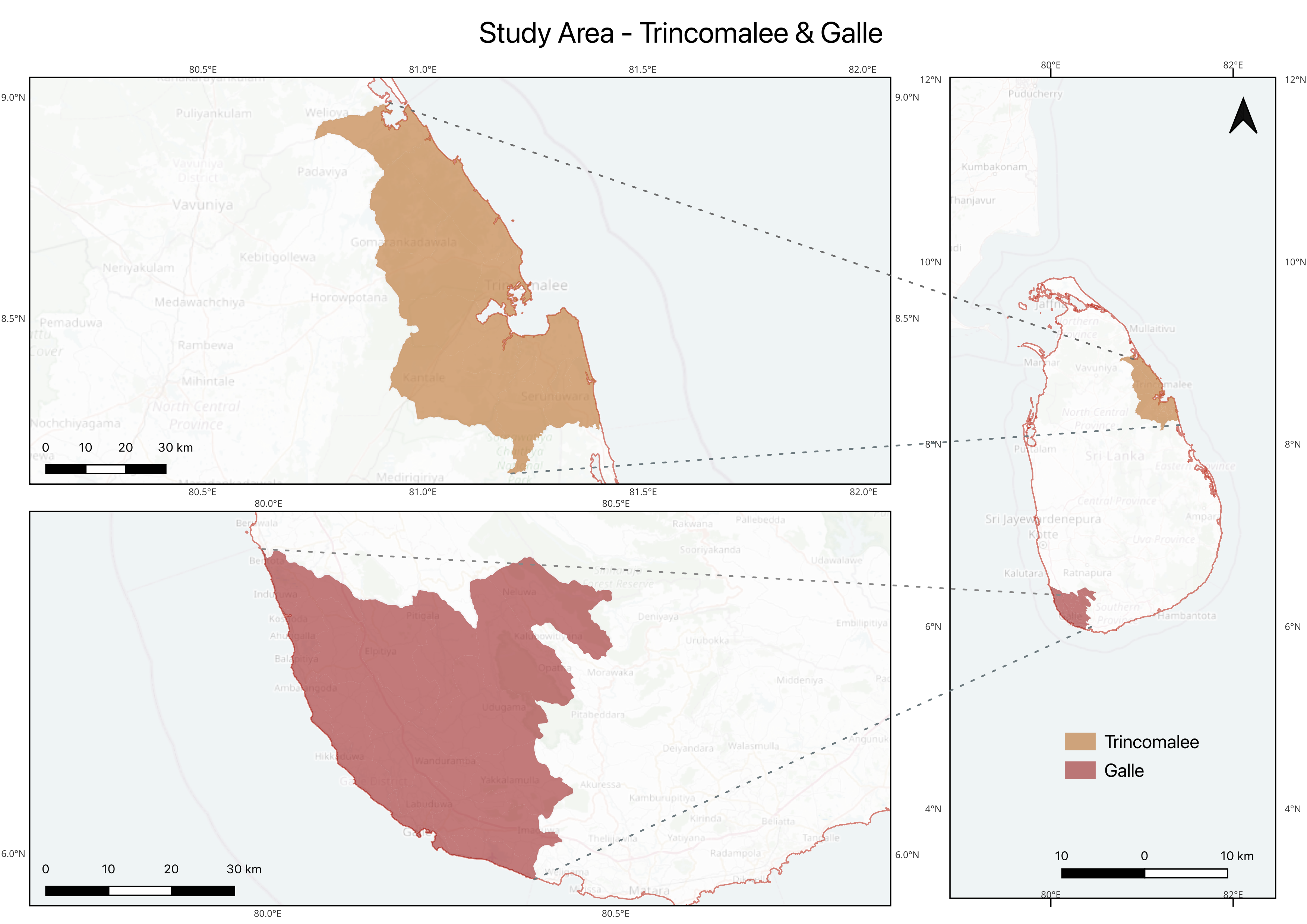 Study area map showing the Trincomalee and Galle districts on the Sri Lankan coast
